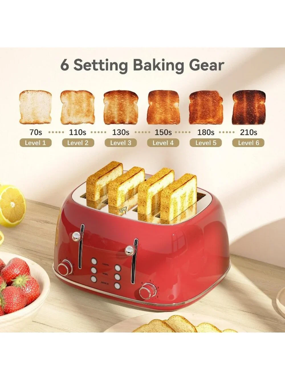 4 Slice Red Retro Stainless with 6 Bread Shade Settings 1.5''Wide Slots Toaster